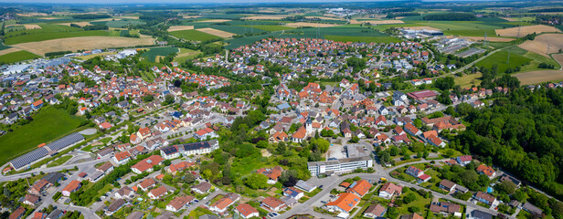 Aerial view of the city Kupferzell in Germany. On a sunny morning in spring.