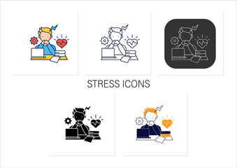 Stress icons set. Scared about deadlines.Stressful situation, work. Anxiety. Procrastination concept. Filled flat sign.Collection of icons in linear, filled, color styles.Isolated vector illustrations