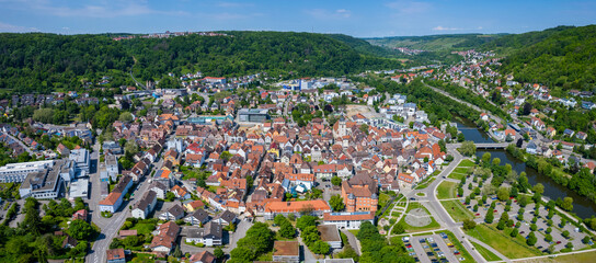 Aerial view of the city Künzelsau in Germany. On a sunny morning in spring.