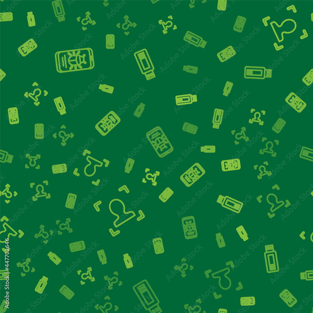 Poster set line system bug on mobile, face recognition and usb flash drive on seamless pattern. vector