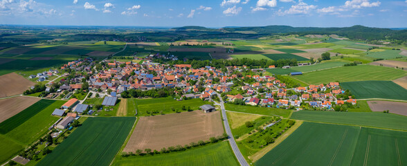 Aerial view of the village Weigenheim in Germany. On a sunny morning in spring.