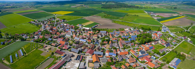 Aerial view of the village Weigenheim in Germany. On a sunny morning in spring.