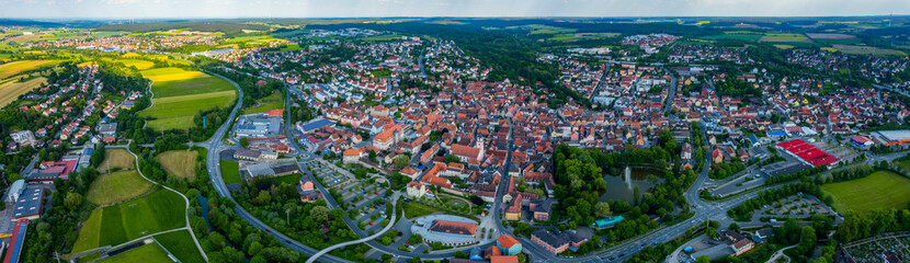 Fototapeta na wymiar Aerial view of the city Neustadt an der Aisch in Germany, Bavaria on a sunny spring day