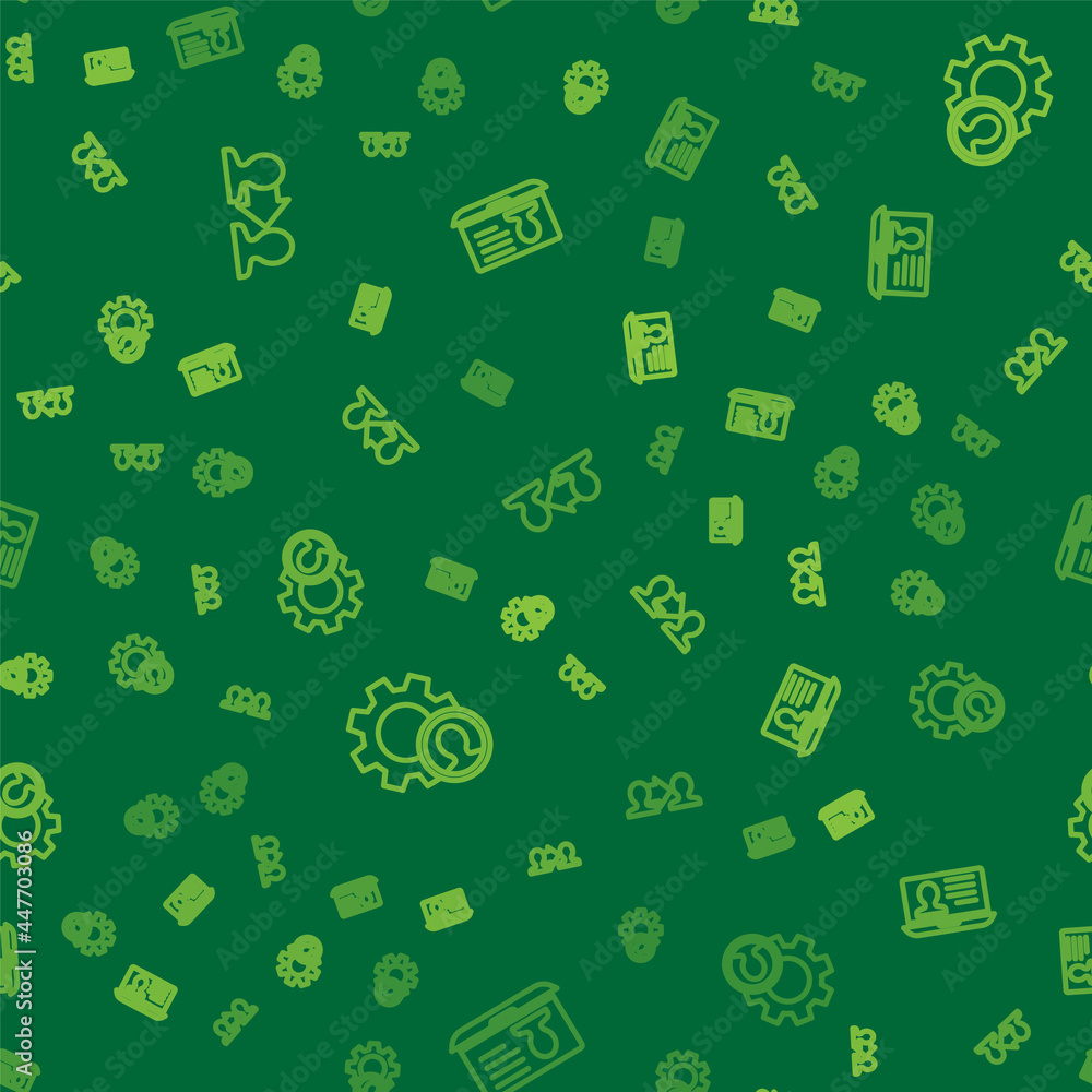 Poster set line project team base, head hunting and laptop with resume on seamless pattern. vector