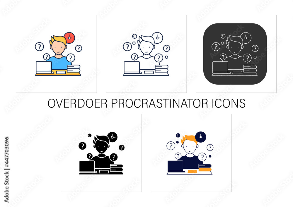 Poster overdoer procrastinator icons set.taking extra work. too many tasks.procrastination concept.collecti