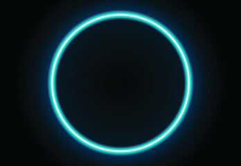 Neon blue light on dark brick wall vector illustration. Neon circle or frame. Lights sign. Vector abstract neon background for signboard or billboard. Geometric glow outline.