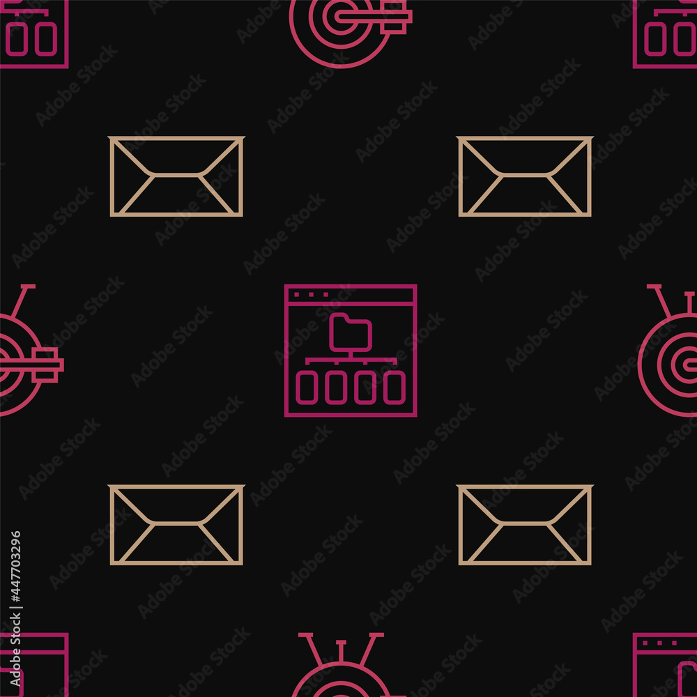 Poster set line target with arrow, envelope and browser files on seamless pattern. vector