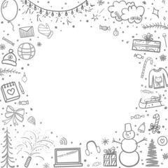Hand drawn christmas elements. Abstract xmas holiday signs and objects. Freehand drawings. Banner design. Black and white illustration