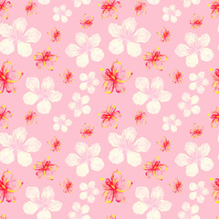 Ditsy pink seamless pattern. Hibiscus flowers print. Floral background