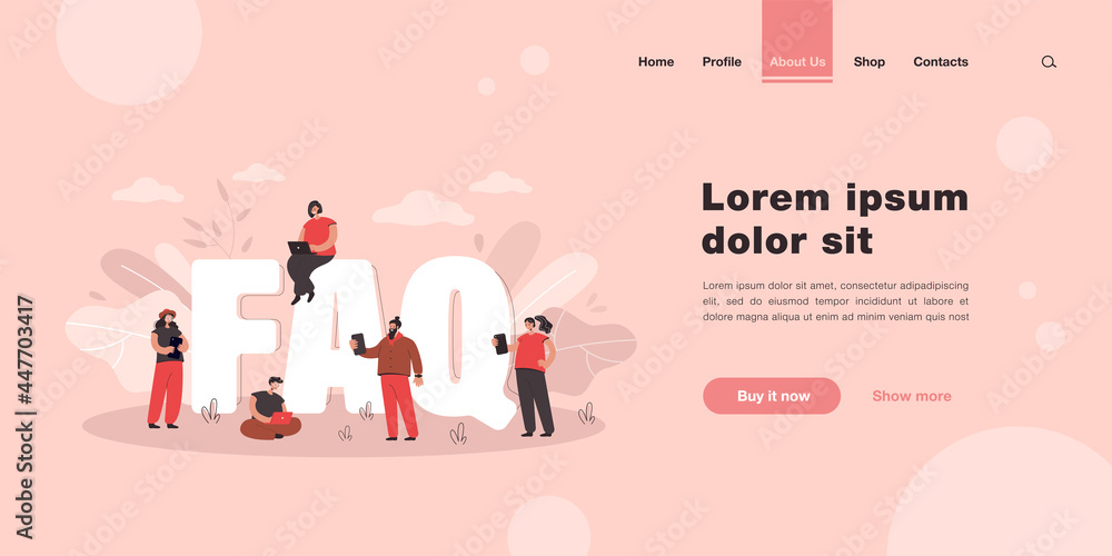 Poster faq flat vector illustration. tiny users near giant letters asking questions and getting answers, in