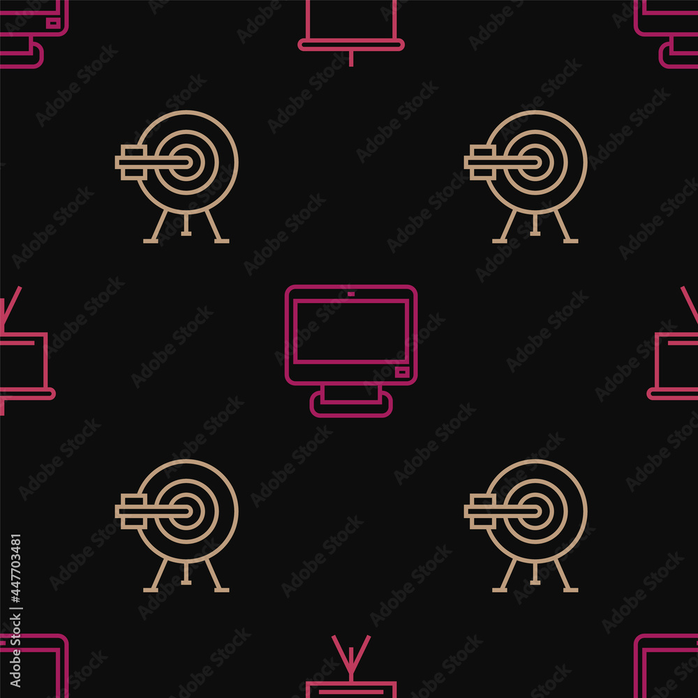 Poster set line chalkboard, target with arrow and computer monitor on seamless pattern. vector