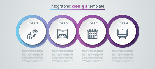 Set line Marketing target strategy, Browser files, Calendar and Computer monitor. Business infographic template. Vector