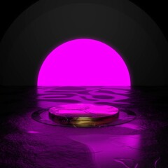 3d rendering pedestal steps isolated on black, round marble background, pink neon