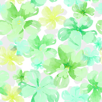 Light Green Flowers Seamless Floral Pattern, Watercolor Texture. 