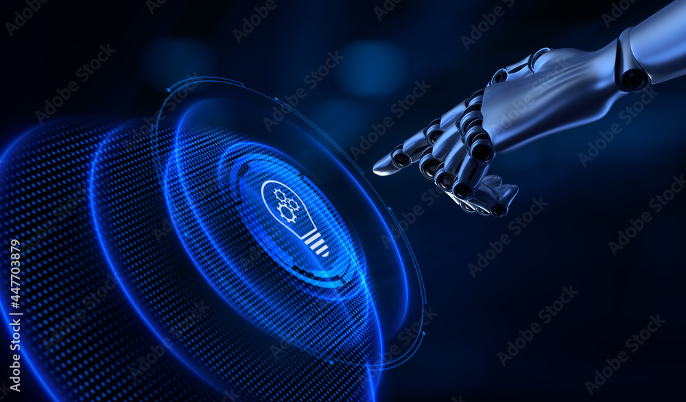 Aufkleber innovation technology concept. robot hand pressing button 3d render.