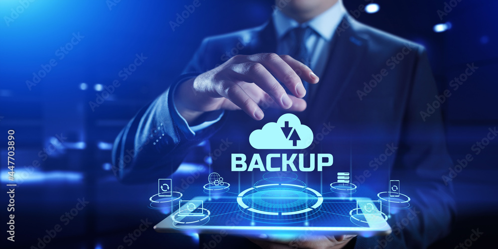 Poster backup button disaster recovery internet technology concept.