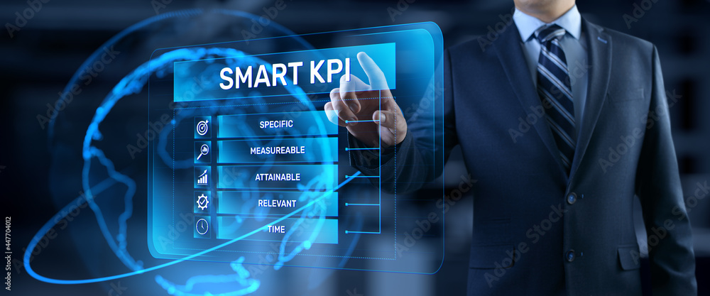 Poster smart kpi key performance indicator business technology concept on screen.