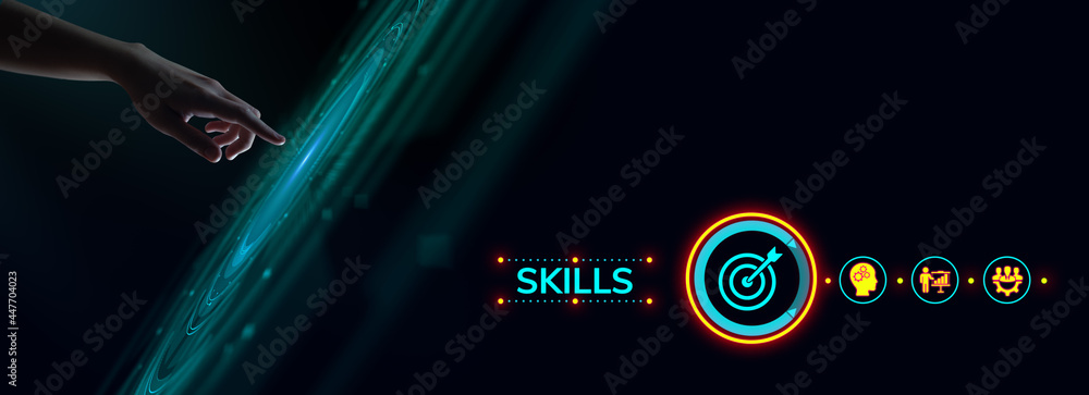 Poster skills personal development concept. hand pressing button on screen.