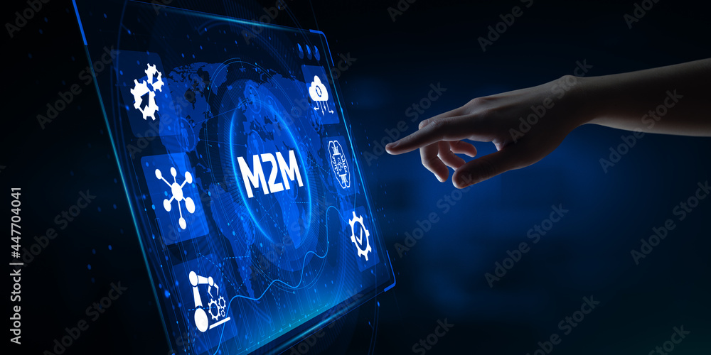 Poster m2m machine-to-machine technology concept. hand pressing button on virtual screen.