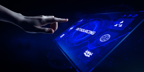 Outsourcing HR Global Recruitment Business finance concept. Hand pressing button on screen.