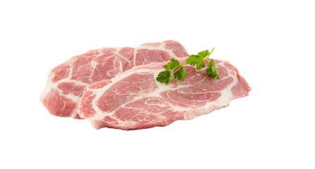 raw beef pork steak  with coriander isolated on white background and clipping path