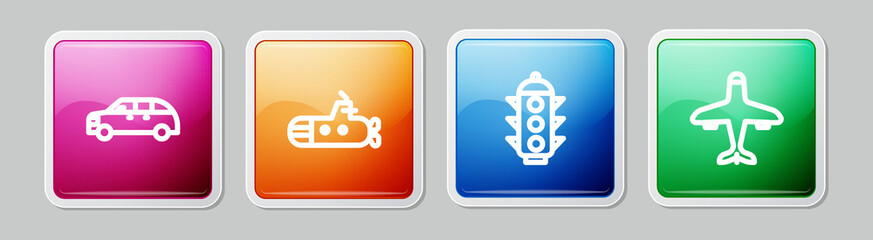 Set line Hatchback car, Submarine, Traffic light and Plane. Colorful square button. Vector