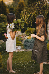 Portrait of two little girls who are walking in the park,picking flowers.Beautiful delicate bouquet...
