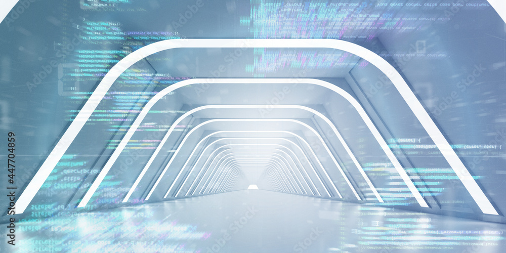 Poster light corridor modern background. futuristic sci-fi tunnel. 3d rendering