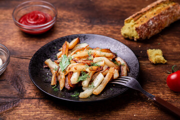 Fried potatoes on a plate with herbs on a wooden background. Ketchup, mayonnaise and bread lie side by side.