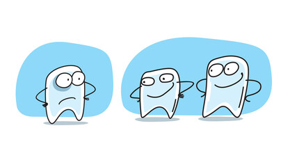 Cheerful teeth. Cartoon characters. Drawn funny teeth