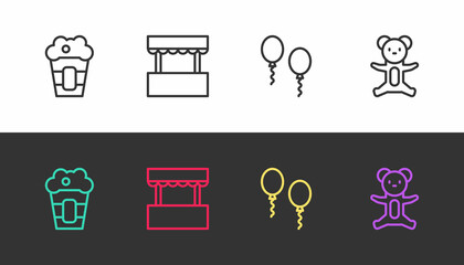 Set line Popcorn in box, Ticket office, Balloons and Teddy bear plush toy on black and white. Vector