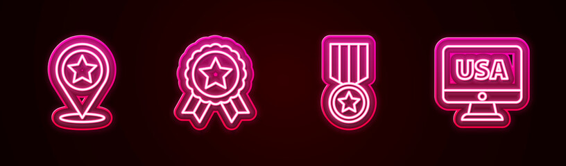 Set line USA Independence day, Medal with star, and on monitor. Glowing neon icon. Vector