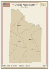 Map on an old playing card of Nevada county in Arkansas, USA.