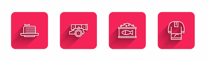 Set line Medovik, Cannon, Tin can with caviar and Kosovorotka with long shadow. Red square button. Vector