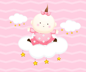 Cute baby girl card cartoon character. Baby sit on the cloud illustration Premium Vector