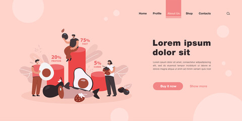 Tiny people eating ketogenic food flat vector illustration. Cartoon characters fasting with keto diet. Balanced nutrition and healthy dietology concept