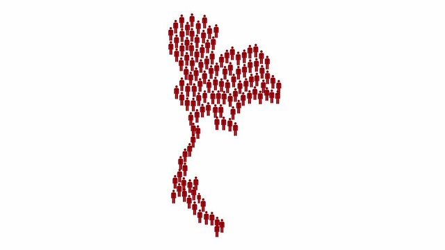 Graphic animation - red people symbols in shape of map of Thailand , COVID-19 pandemic in Thailand , infection spread around Thailand country map