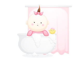 Cute baby girl with chicks in the bathtub cartoon character Premium Vector