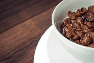 Closeup of Chocolate cereal with selective focus. Shallow depth field. Healthy food concept