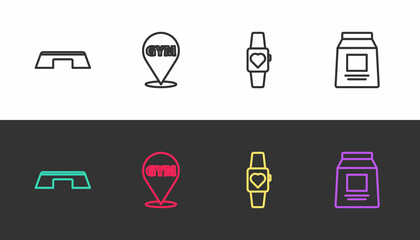 Set line Step platform, Location gym, Smartwatch and Sports nutrition on black and white. Vector