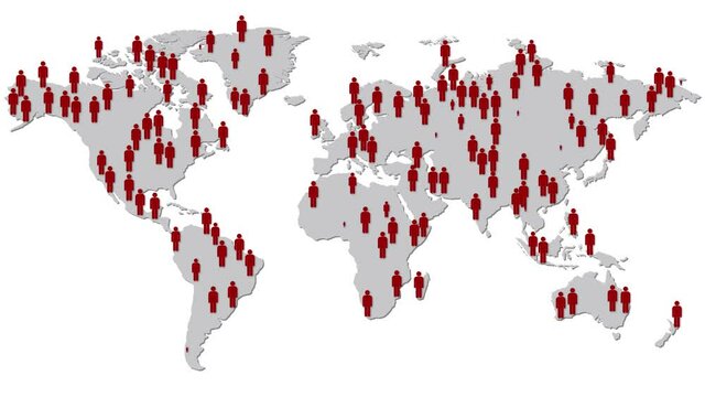 Graphic animation - red people symbols in shape of world map , infection spread around the world , Coronavirus (COVID-19) spread around the world map