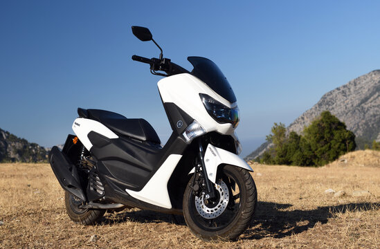 Turkey, Kemer 18.07.2021:Scooter white Yamaha NMAX 155 model 2020. The scooter is parked in the mountains of Turkey. 