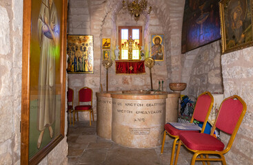The interior of the Sandanai Monastery in Christian quarters in the old city of Jerusalem, Israel