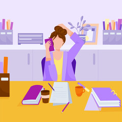 Woman in office work place. Stress at work. Busy time of businesswoman in hard working.