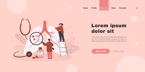 Tiny doctors diagnosing giant lungs or respiratory system. Flat vector illustration. Cartoon medic pulmonology specialists testing lungs for asthma, tuberculosis, cancer. Medicine, healthcare concept