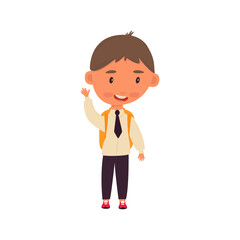schoolboy with backpack. boy in school uniform. Braces on teeth. cartoon character. Isolated image. Vector illustration, flat