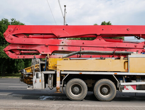 Concrete pump truck on the road
