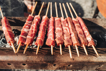 Arrosticini, a traditional sheep meat skewer from Abruzzo region, italy