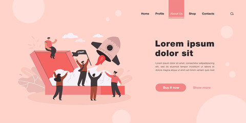 Cartoon launching new business project flat vector illustration. Team of people making startup with spaceship, developing creative idea together. Startup, teamwork, business concept for banner design