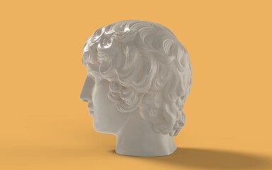 White marble ancient statue right side view of Renaissance epoch Antinous head portrait isolated on yellow background 3d rendering image